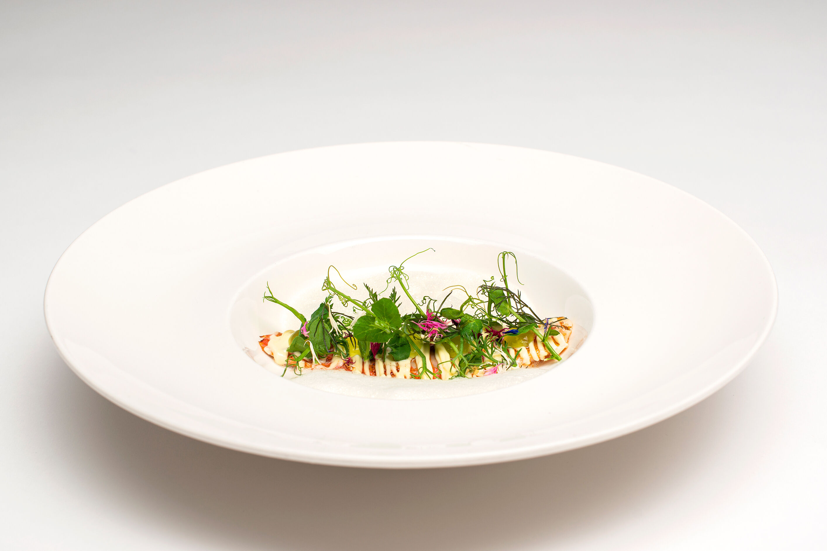 Zarter Meerbarbenfilet auf weißem Teller, garniert mit Jalapeño-Essig, minimalistisch angerichtet.