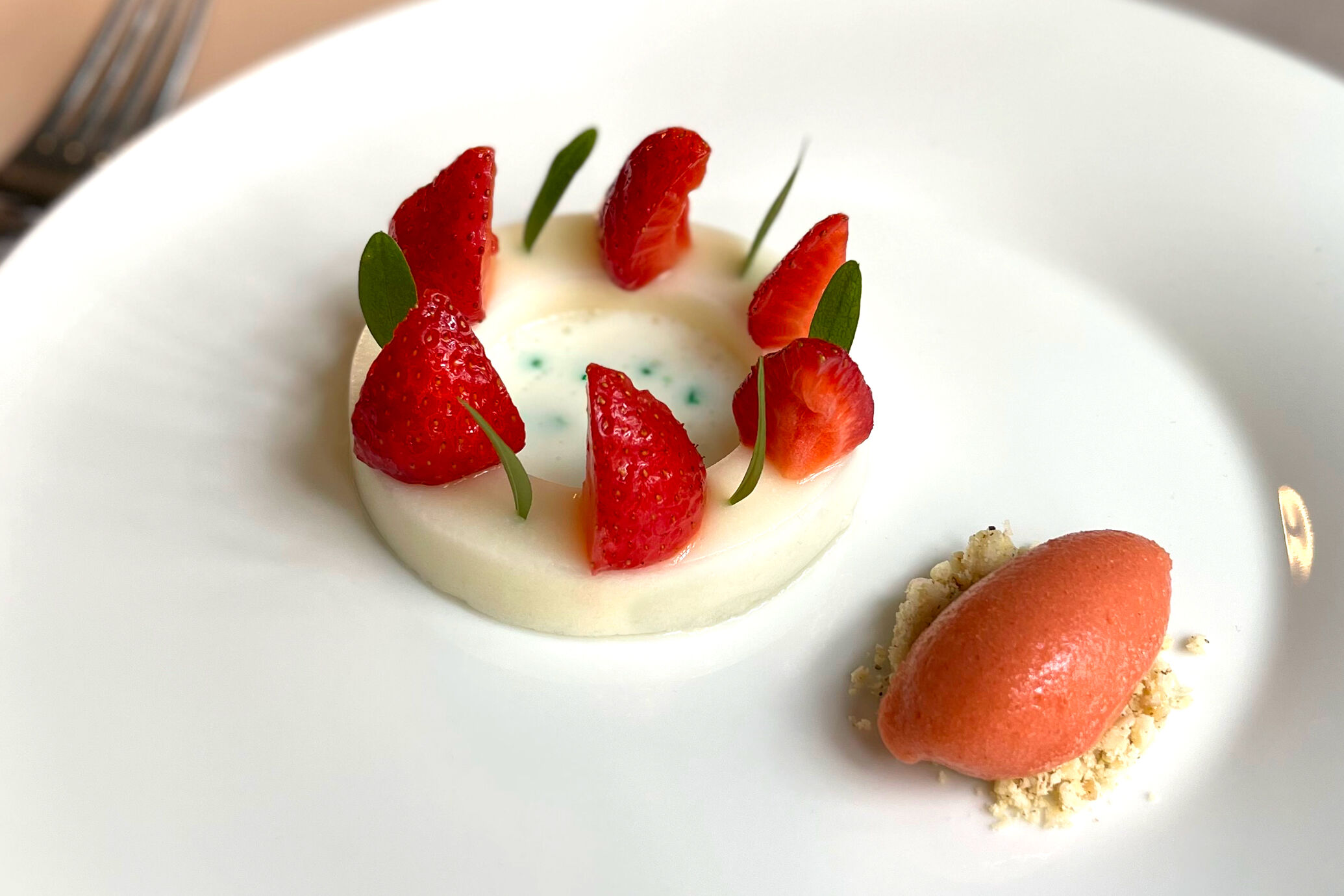 Frische Mara des Bois Erdbeeren, kunstvoll angerichtet, mit erfrischendem Sorbet.